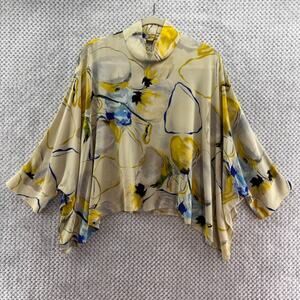 Sikaa Top Womens 14 Yellow Silk Floral Art To Wear Mock Neck Dolman Sleeve Slit